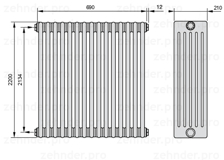 Схема (чертеж) Радиатор Zehnder Charleston 6220/15 №1270 Белый глянцевый RAL 9016